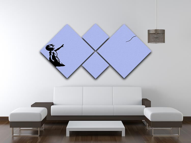 Banksy Balloon Heart Girl Blue 4 Square Multi Panel Canvas artwork featuring a girl with a heart-shaped balloon in blue tones, divided into four panels.