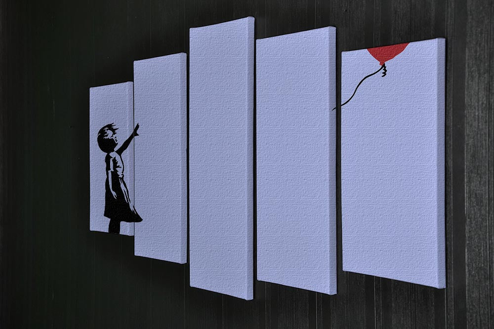Banksy Balloon Heart Girl Blue artwork displayed in a 5 split panel format, showcasing vibrant colors and dynamic design.