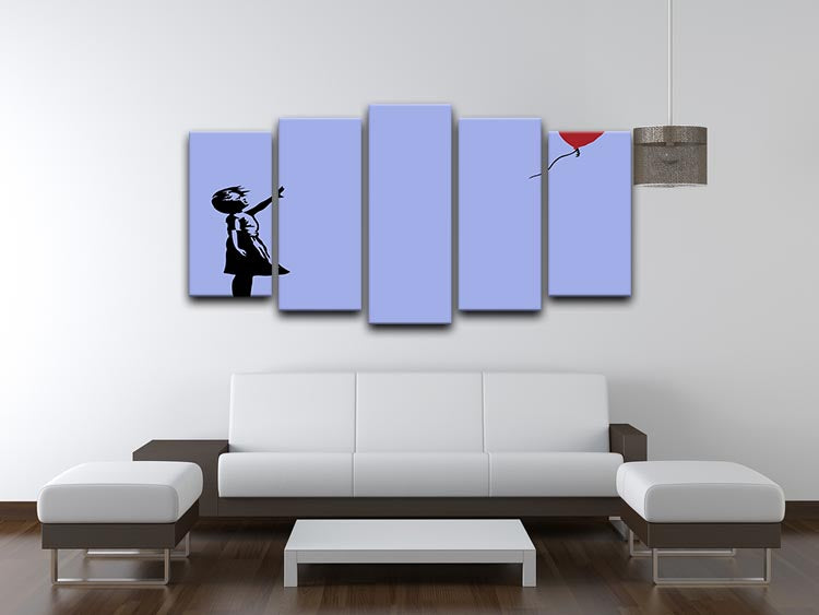 Banksy Balloon Heart Girl Blue artwork displayed in a 5 split panel format, showcasing vibrant colors and dynamic design.