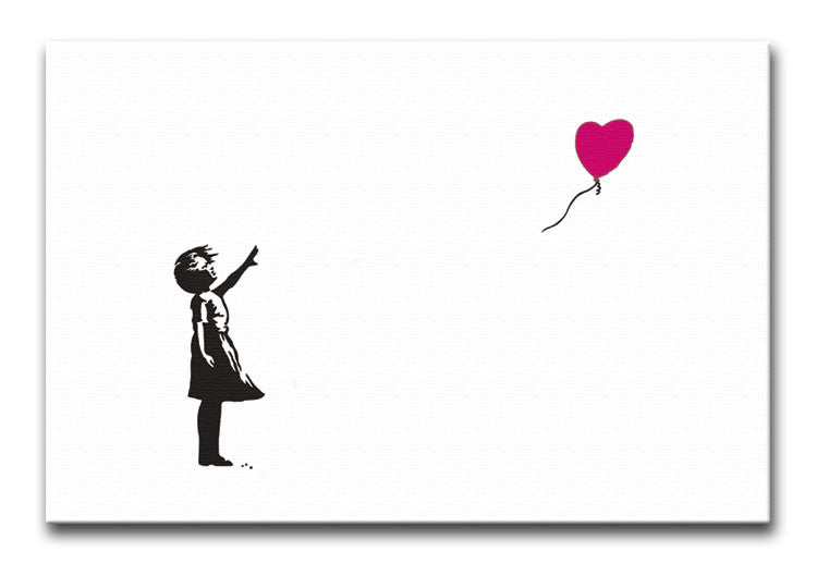 Banksy Balloon Heart Girl canvas print featuring a girl reaching for a red heart-shaped balloon, symbolizing hope and innocence.