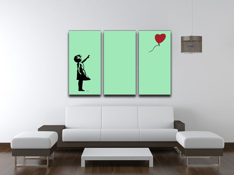Banksy Balloon Heart Girl Green 3 Split Panel Canvas Print featuring a girl reaching for a heart-shaped balloon on a vibrant green background.