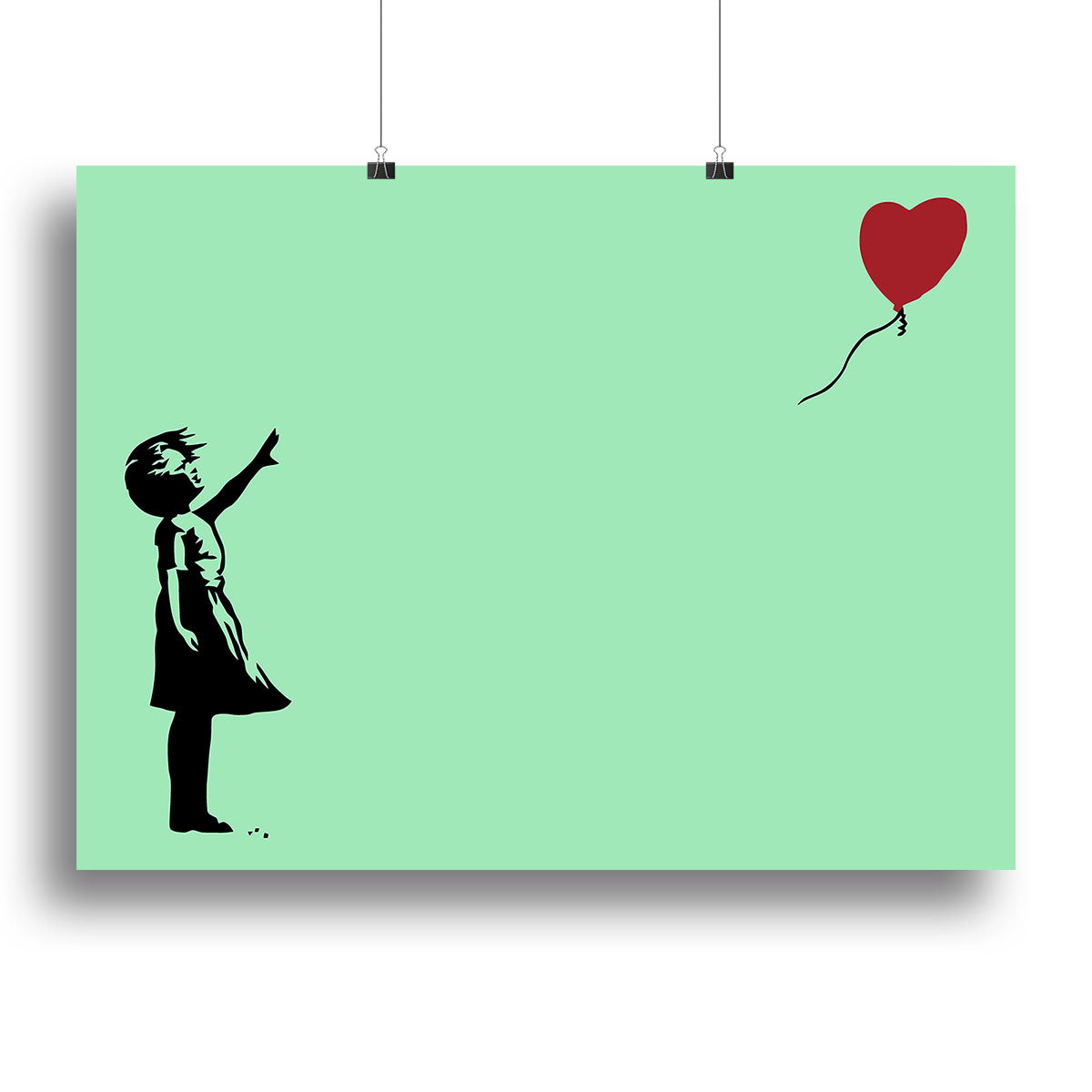 Banksy Balloon Heart Girl Green Canvas Print featuring a girl reaching for a heart-shaped balloon against a vibrant green background.