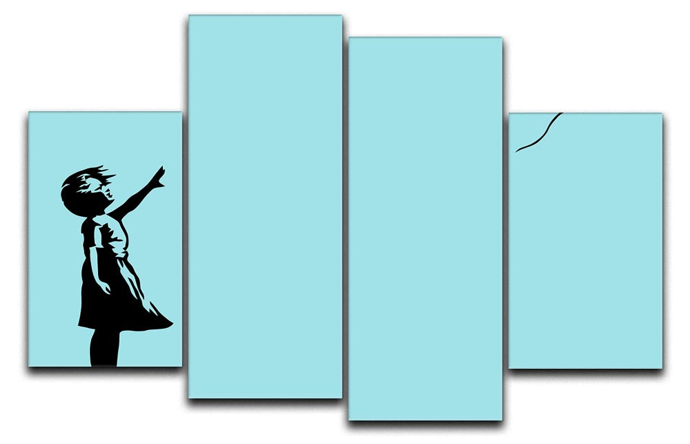 Banksy Balloon Heart Girl artwork displayed on a light blue 4-split canvas, showcasing a dynamic and modern design.