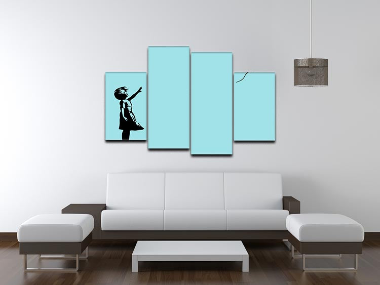 Banksy Balloon Heart Girl artwork displayed on a light blue 4-split canvas, showcasing a dynamic and modern design.