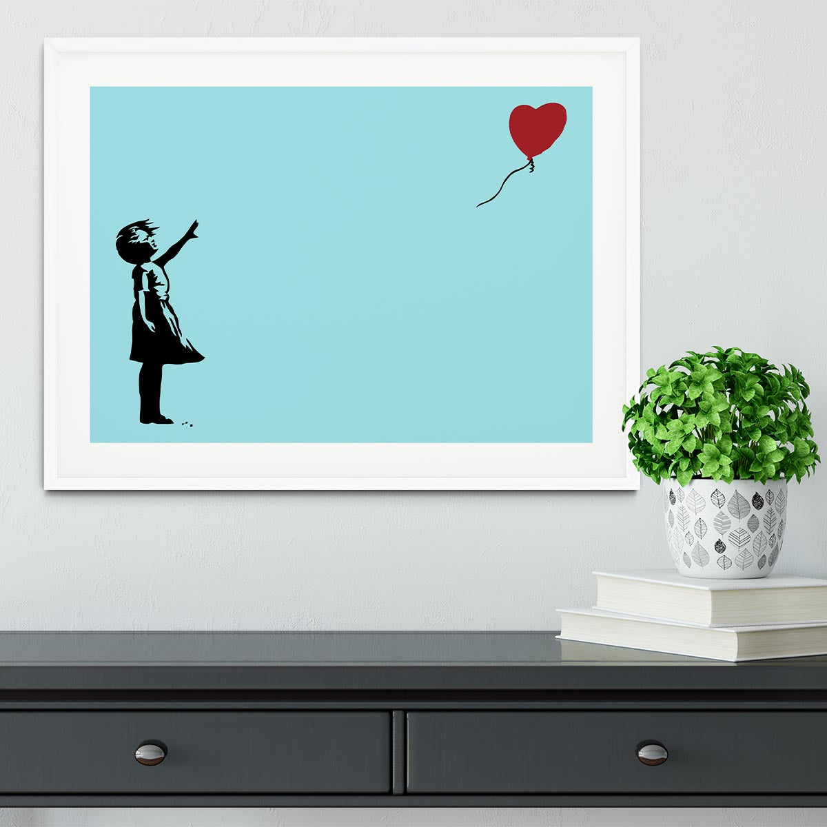 Banksy Balloon Heart Girl Light Blue Framed Print showcasing vibrant colors and a handmade frame.