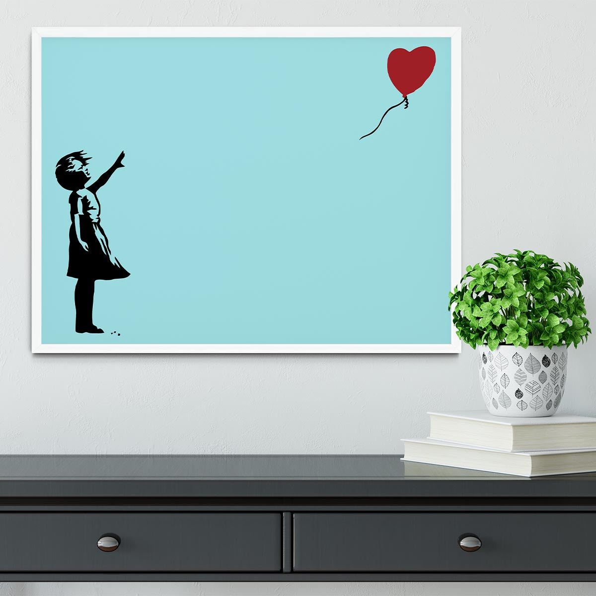 Banksy Balloon Heart Girl Light Blue Framed Print showcasing vibrant colors and a handmade frame.