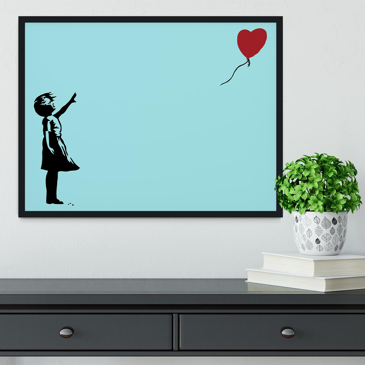 Banksy Balloon Heart Girl Light Blue Framed Print showcasing vibrant colors and a handmade frame.