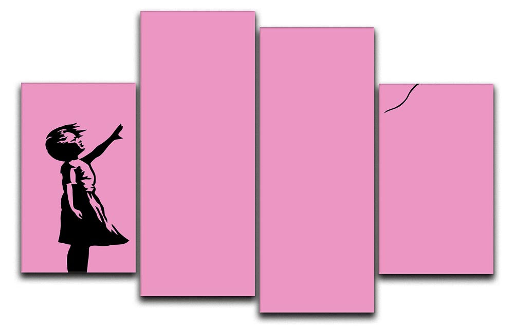 Banksy Balloon Heart Girl Pink 4 Split Panel Canvas artwork featuring a girl with a pink heart balloon, divided into four panels.