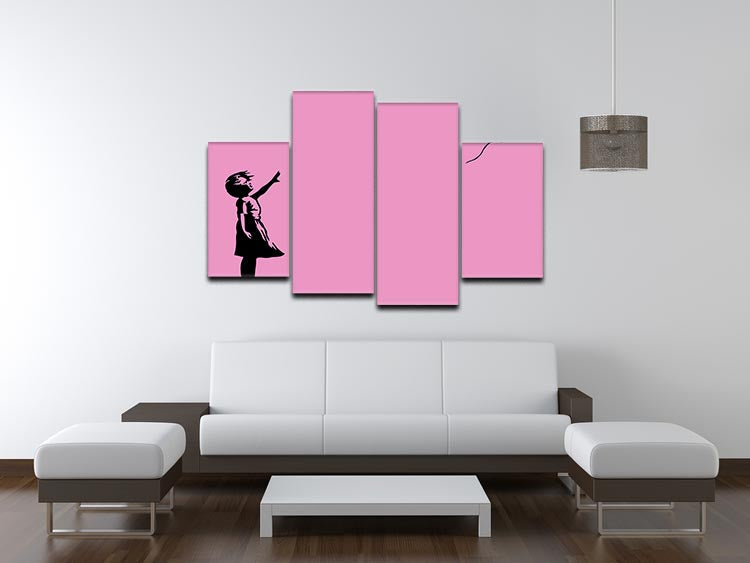 Banksy Balloon Heart Girl Pink 4 Split Panel Canvas artwork featuring a girl with a pink heart balloon, divided into four panels.