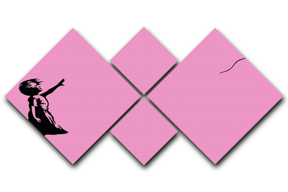 Banksy Balloon Heart Girl Pink 4 Square Multi Panel Canvas featuring a girl reaching for a heart-shaped balloon in vibrant pink hues.