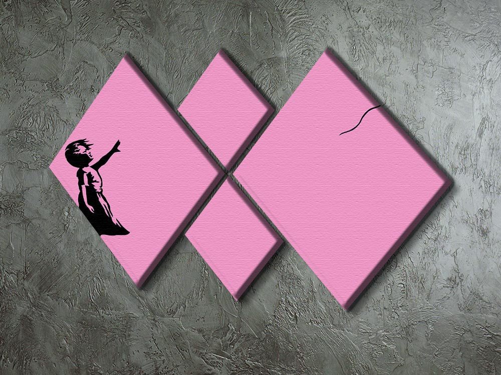 Banksy Balloon Heart Girl Pink 4 Square Multi Panel Canvas featuring a girl reaching for a heart-shaped balloon in vibrant pink hues.
