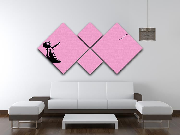 Banksy Balloon Heart Girl Pink 4 Square Multi Panel Canvas featuring a girl reaching for a heart-shaped balloon in vibrant pink hues.