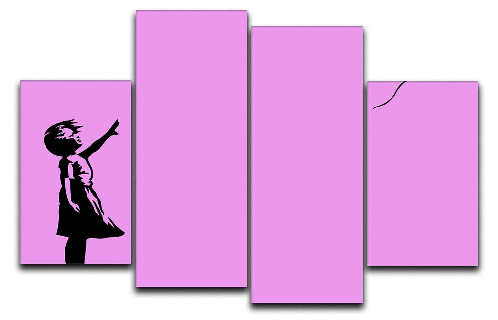 Banksy Balloon Heart Girl Purple 4 Split Panel Canvas artwork featuring a girl reaching for a heart-shaped balloon, divided into four panels.