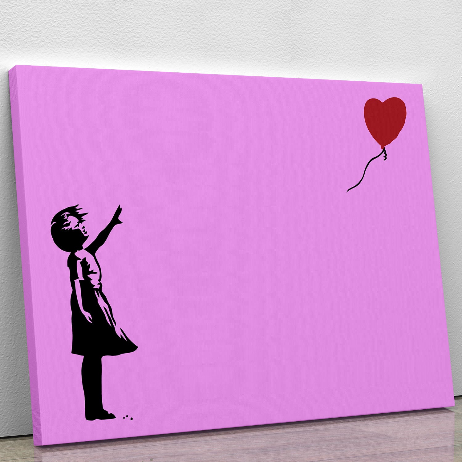 Banksy Balloon Heart Girl Purple Canvas Print featuring a girl reaching for a heart-shaped balloon in vibrant purple tones.
