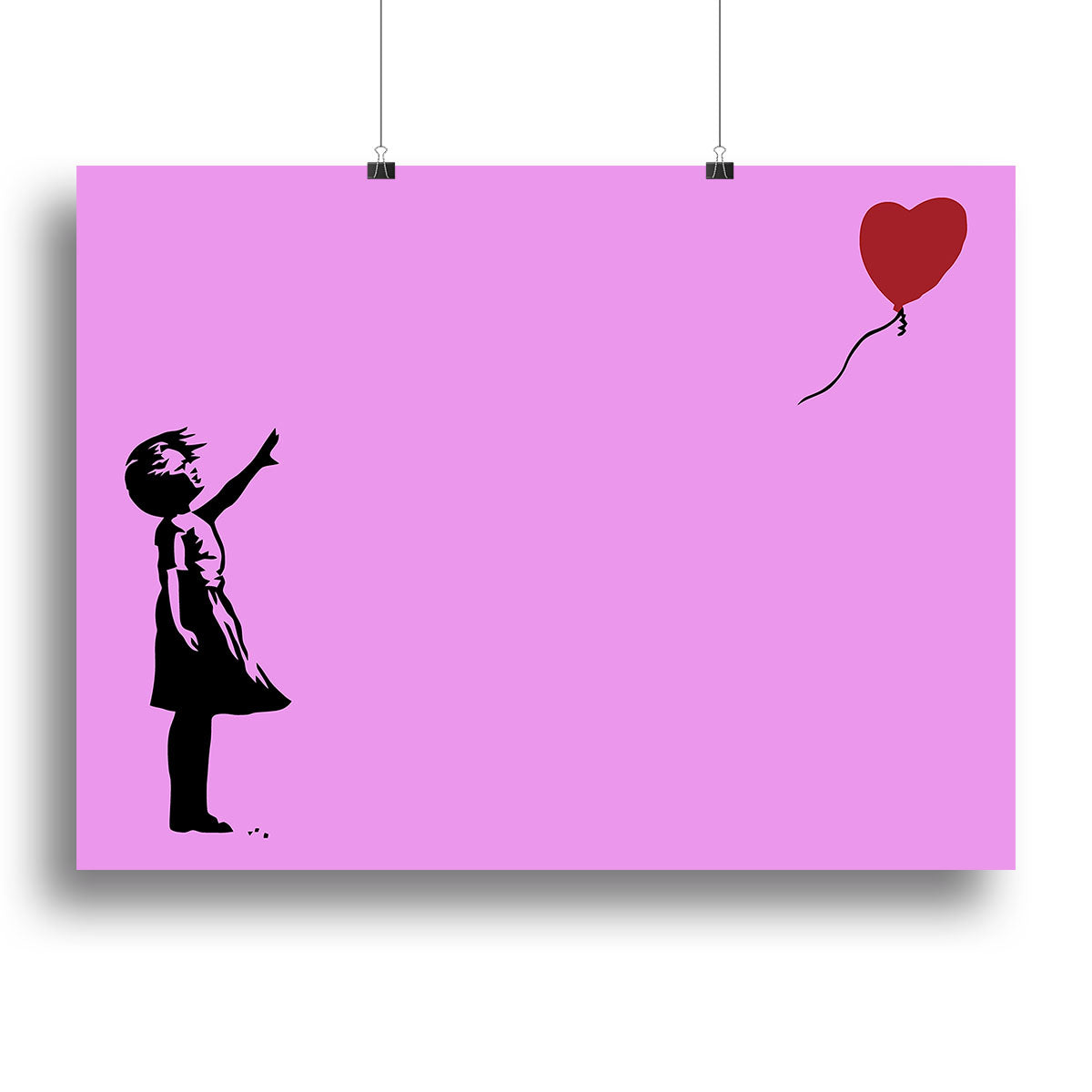 Banksy Balloon Heart Girl Purple Canvas Print featuring a girl reaching for a heart-shaped balloon in vibrant purple tones.