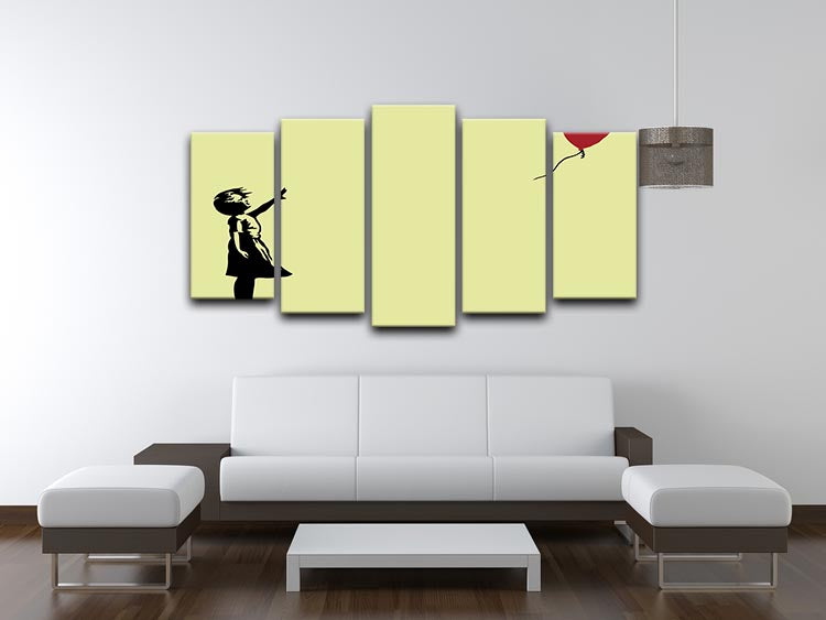 Banksy Balloon Heart Girl artwork in vibrant yellow, displayed as a 5 split panel canvas, showcasing a dynamic and engaging design.