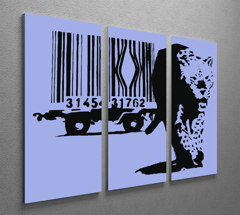 Banksy Barcode Leopard Blue 3-panel canvas print showcasing vibrant colors and modern art design.