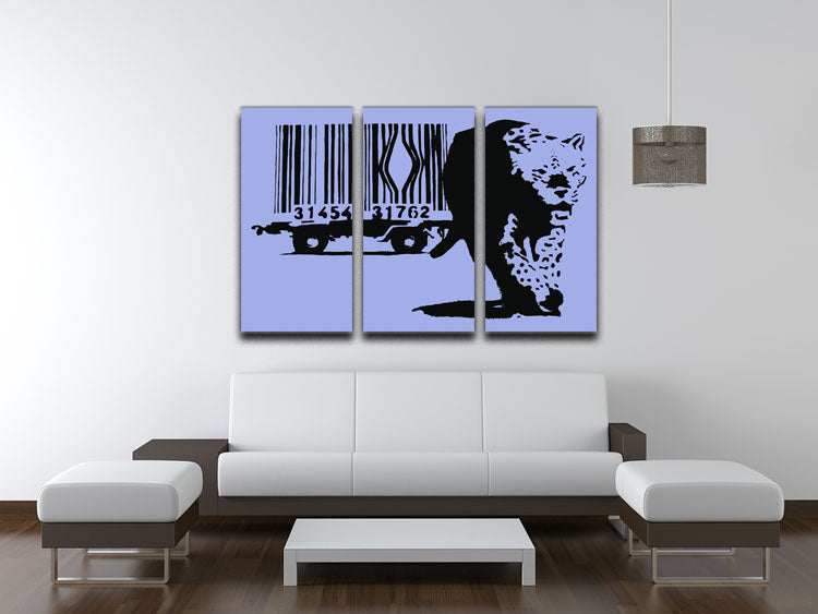 Banksy Barcode Leopard Blue 3-panel canvas print showcasing vibrant colors and modern art design.
