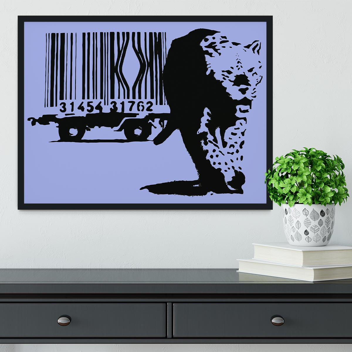 Banksy Barcode Leopard Blue Framed Print showcasing vibrant colors and intricate details in a stylish frame.