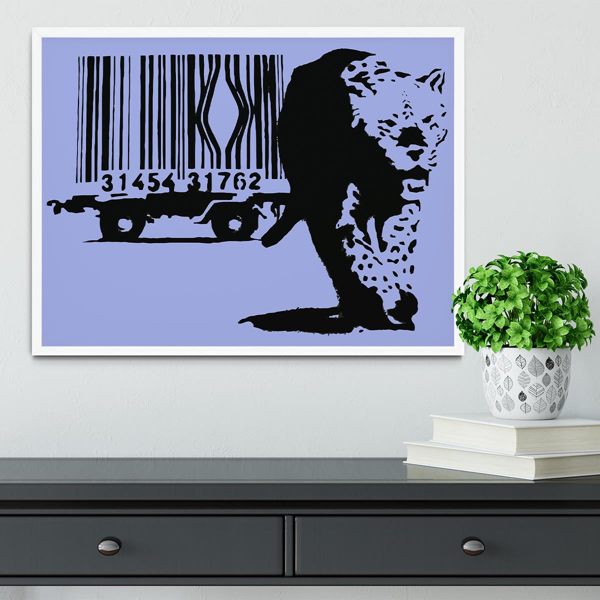 Banksy Barcode Leopard Blue Framed Print showcasing vibrant colors and intricate details in a stylish frame.