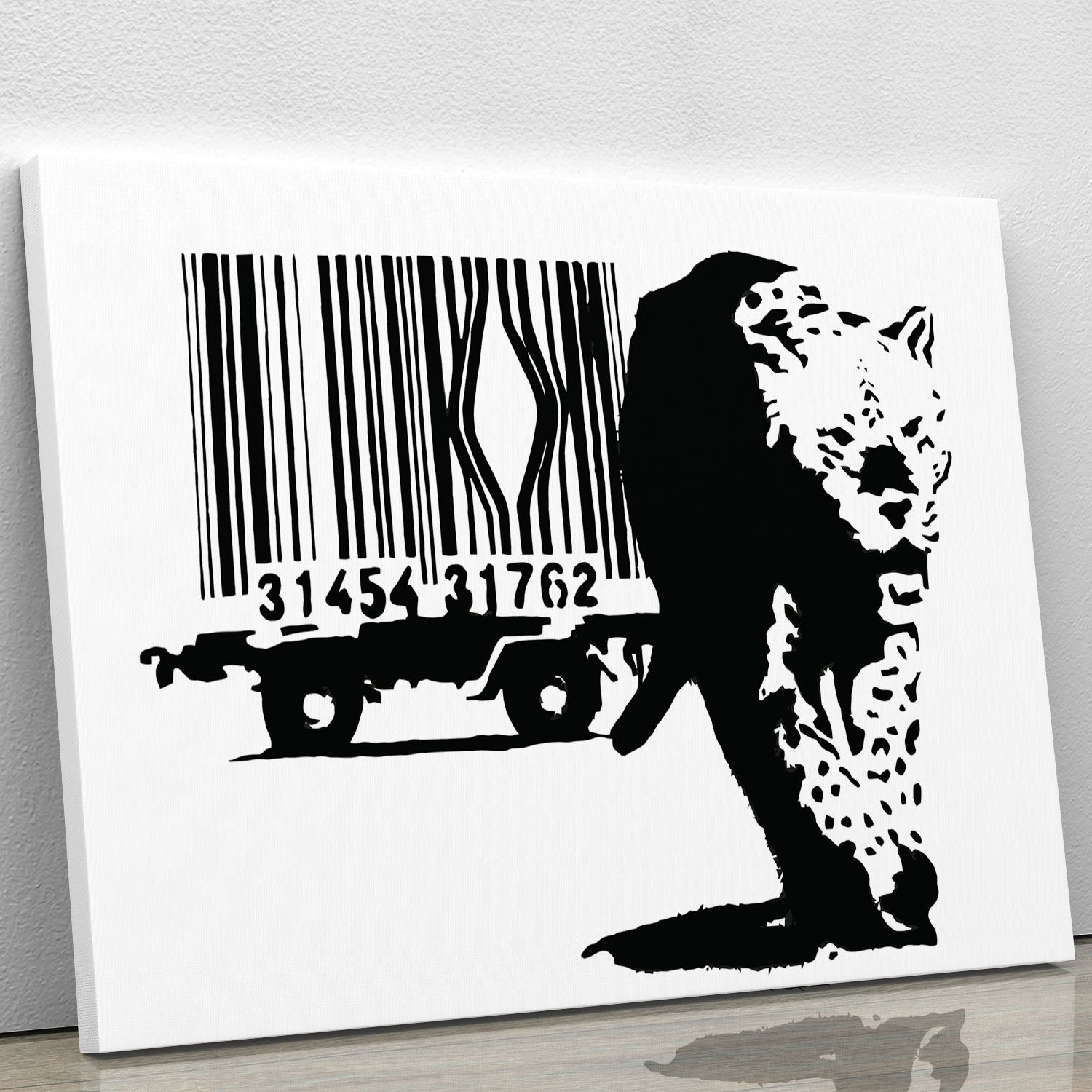 Banksy Barcode Leopard Canvas Print showcasing vibrant colors and intricate details of a leopard design.
