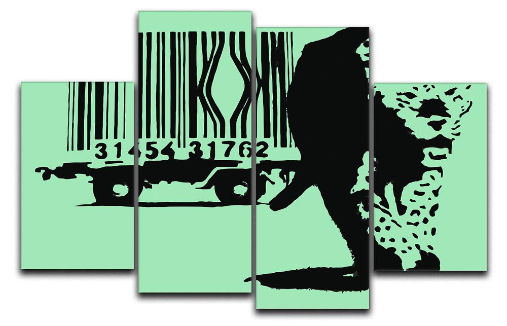 Banksy Barcode Leopard Green 4 Split Panel Canvas featuring a vibrant green leopard design split into four panels.