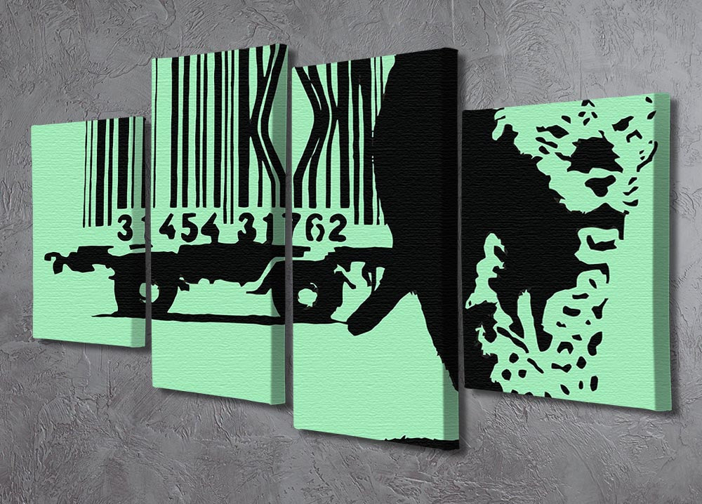Banksy Barcode Leopard Green 4 Split Panel Canvas featuring a vibrant green leopard design split into four panels.