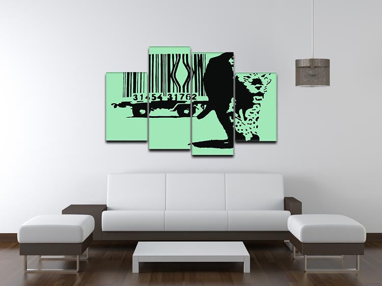 Banksy Barcode Leopard Green 4 Split Panel Canvas featuring a vibrant green leopard design split into four panels.