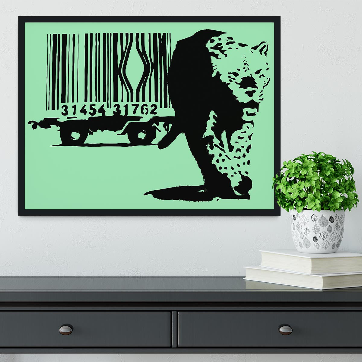 Banksy Barcode Leopard Green Framed Print showcasing vibrant colors and intricate details in a stylish frame.