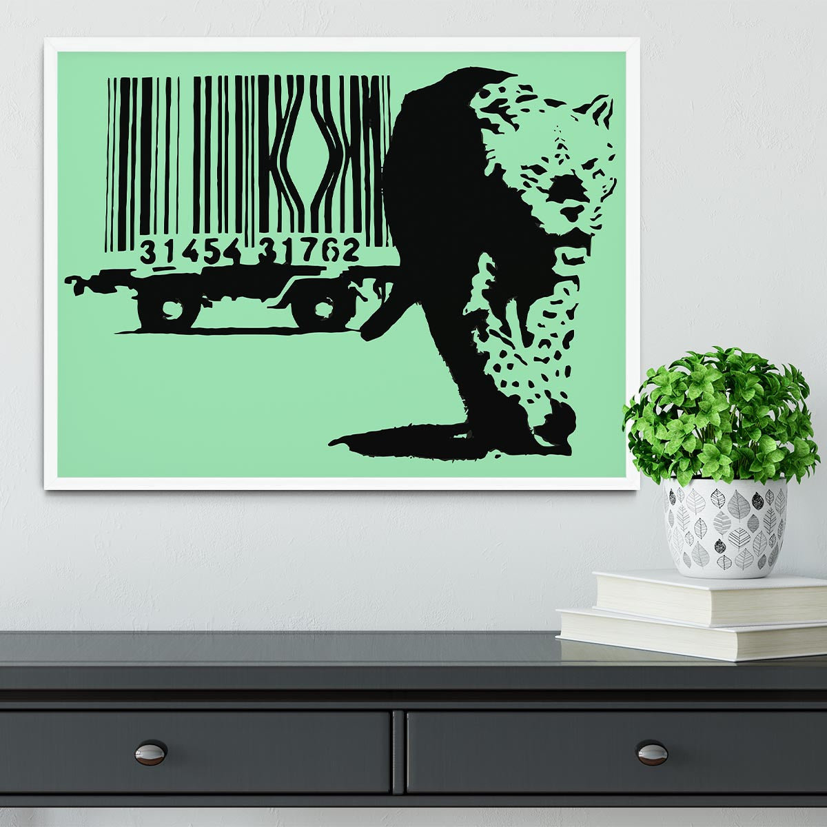 Banksy Barcode Leopard Green Framed Print showcasing vibrant colors and intricate details in a stylish frame.
