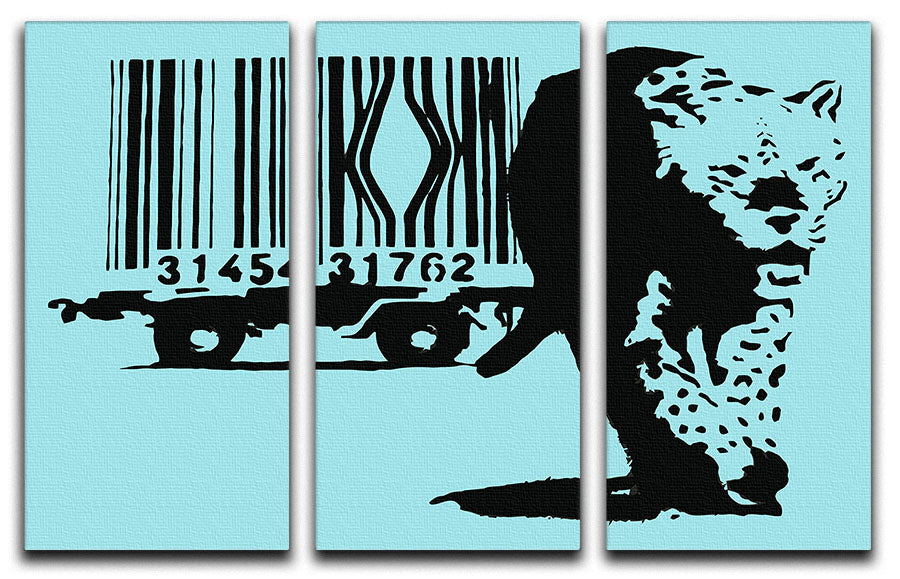 Banksy Barcode Leopard Light Blue 3-panel canvas print featuring a striking leopard design with barcode elements in light blue tones.