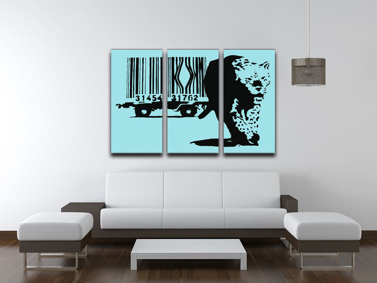 Banksy Barcode Leopard Light Blue 3-panel canvas print featuring a striking leopard design with barcode elements in light blue tones.