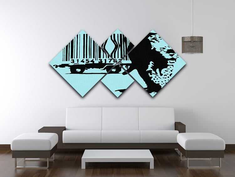 Banksy Barcode Leopard Light Blue 4 Square Multi Panel Canvas featuring a leopard design with barcode elements in a light blue color scheme.