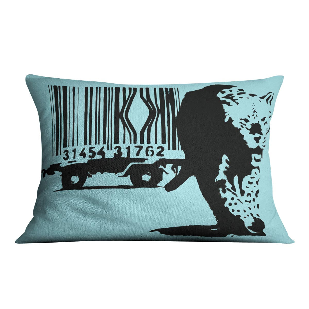 Banksy Barcode Leopard Light Blue Cushion showcasing vibrant abstract design on luxurious vegan faux suede.