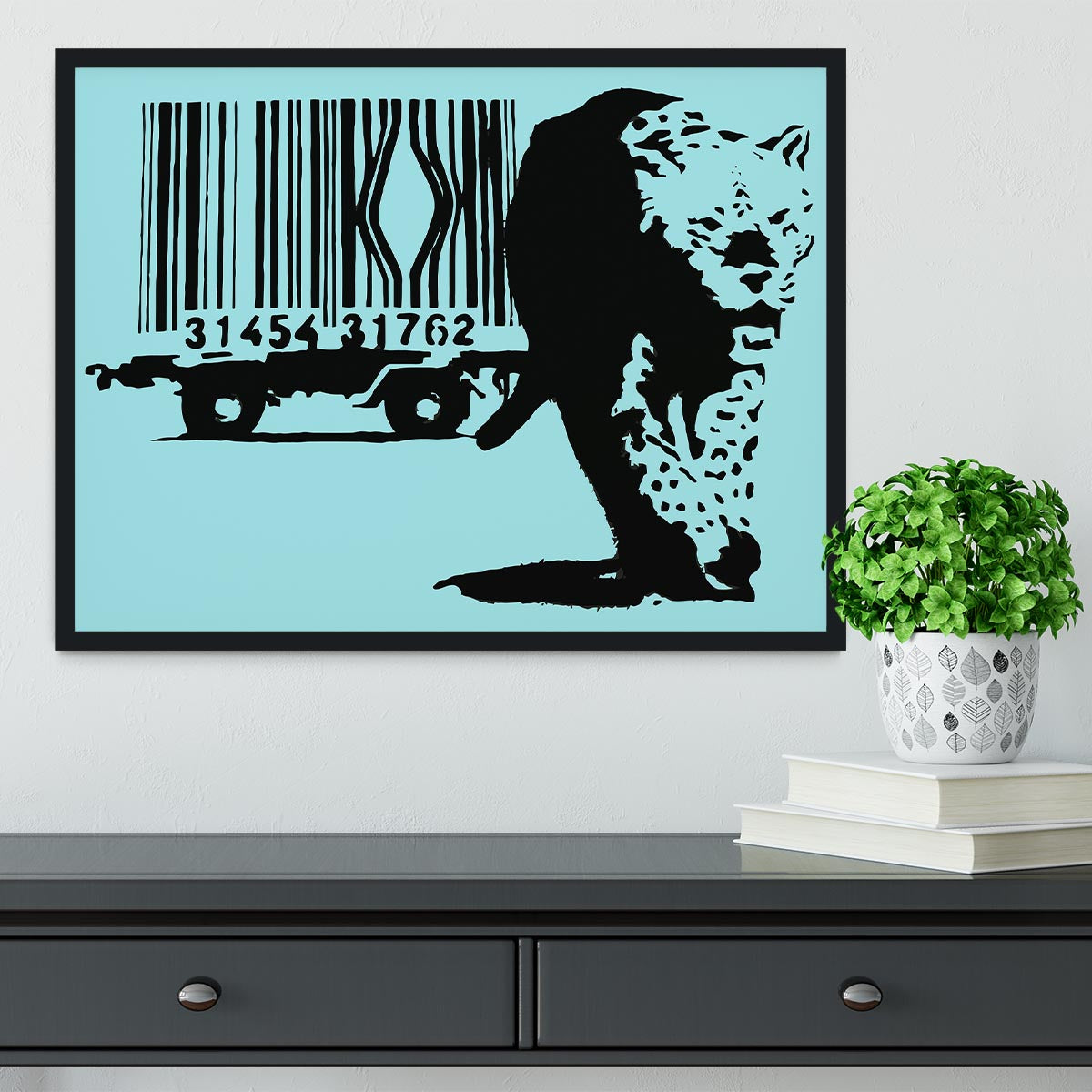 Banksy Barcode Leopard Light Blue Framed Print showcasing vibrant colors and intricate details in a stylish frame.