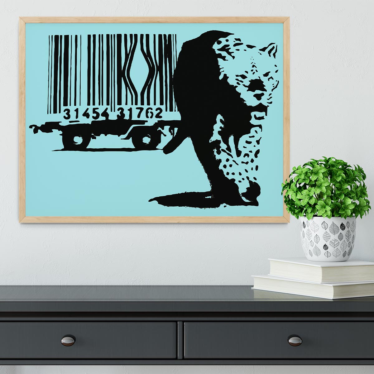 Banksy Barcode Leopard Light Blue Framed Print showcasing vibrant colors and intricate details in a stylish frame.