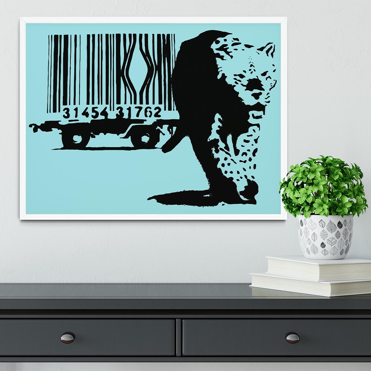 Banksy Barcode Leopard Light Blue Framed Print showcasing vibrant colors and intricate details in a stylish frame.