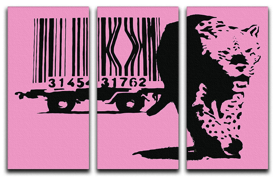 Banksy Barcode Leopard Pink 3-panel canvas print showcasing vibrant colors and modern design.