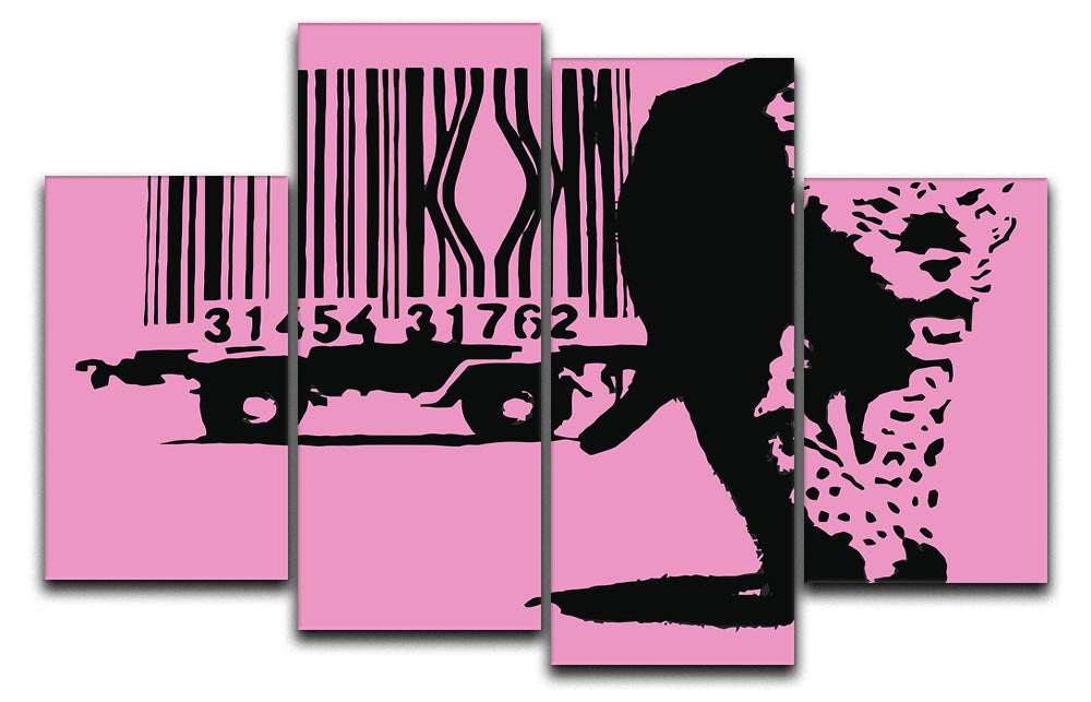 Banksy Barcode Leopard Pink 4 Split Panel Canvas featuring vibrant pink leopard design across four panels.