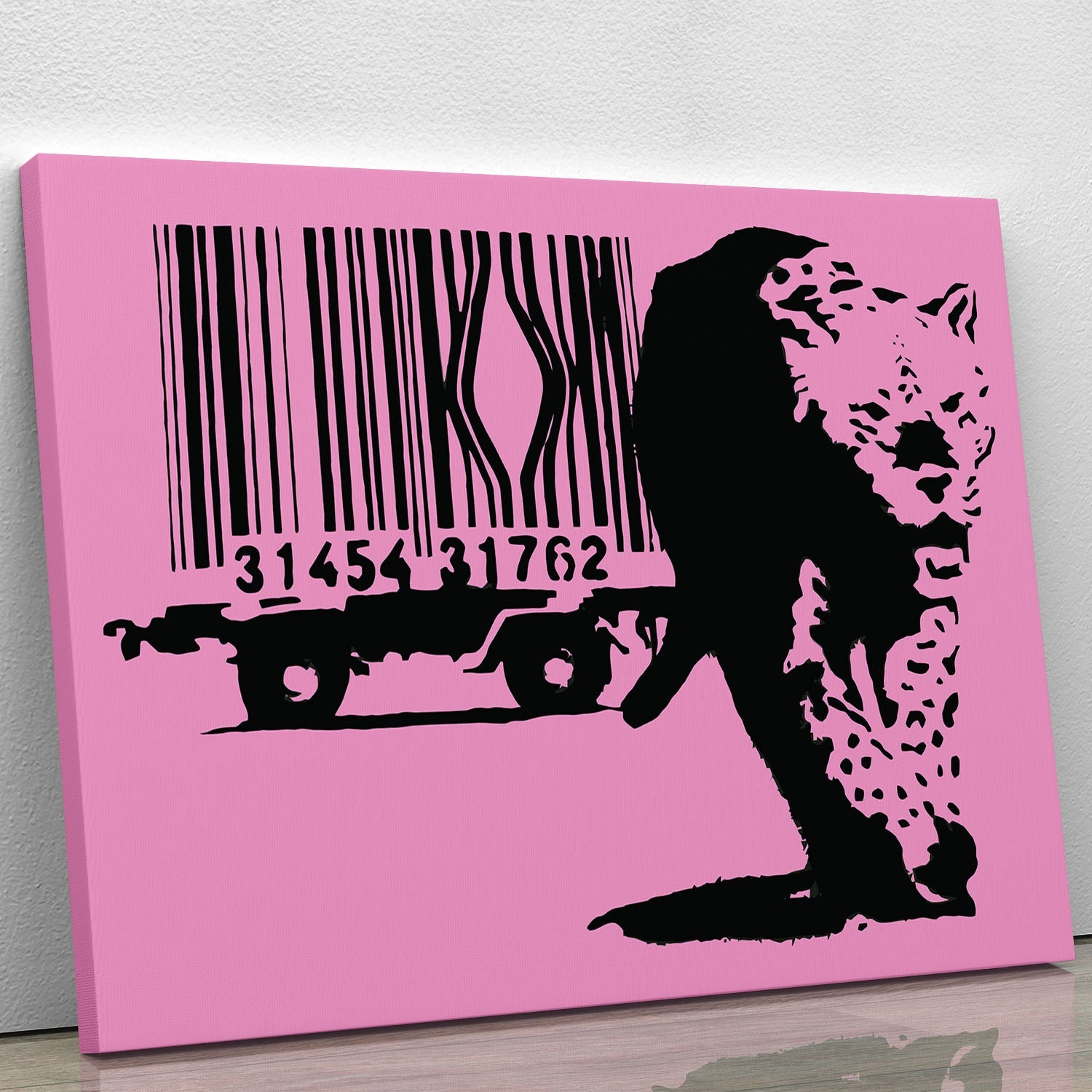 Banksy Barcode Leopard Pink Canvas Print featuring a vibrant pink leopard design on a high-quality canvas, perfect for modern decor.