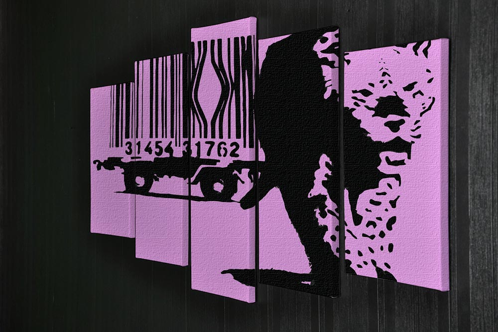 Banksy Barcode Leopard Purple 5 Split Panel Canvas artwork featuring a vibrant purple leopard design across five panels.