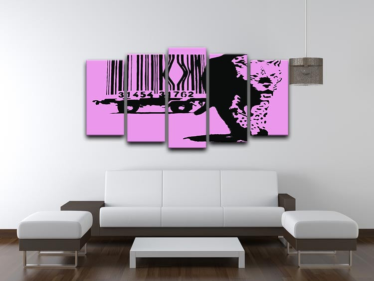 Banksy Barcode Leopard Purple 5 Split Panel Canvas artwork featuring a vibrant purple leopard design across five panels.