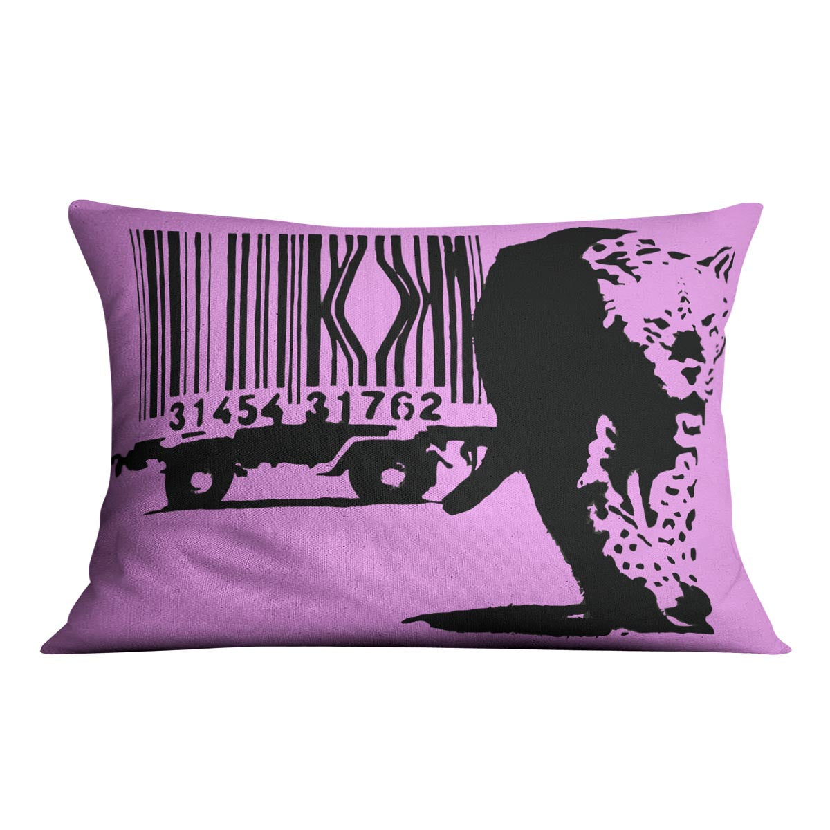 Banksy Barcode Leopard Purple Cushion featuring vibrant abstract design on luxurious vegan faux suede.
