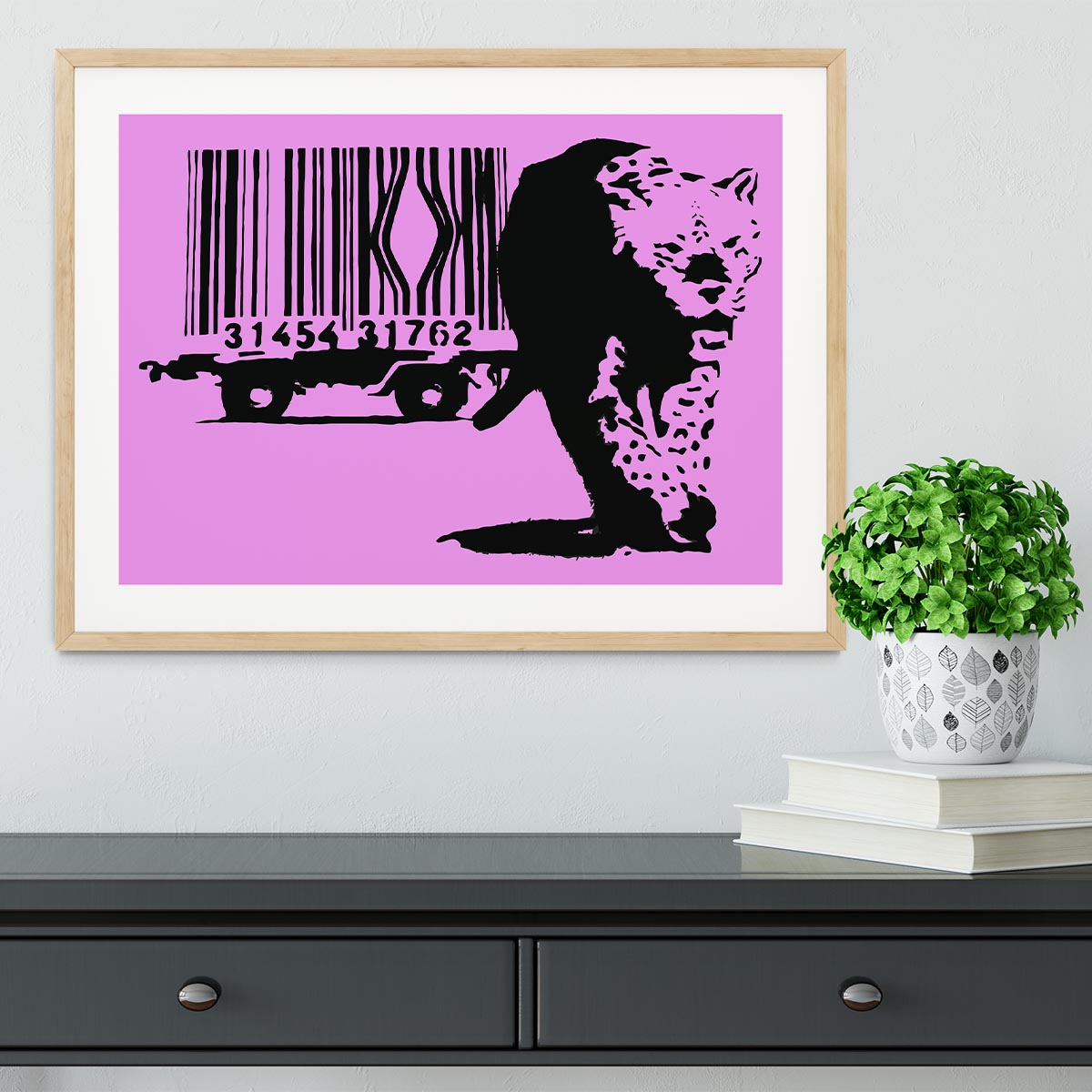 Banksy Barcode Leopard Purple Framed Print showcasing vibrant colors and unique design in a stylish frame.