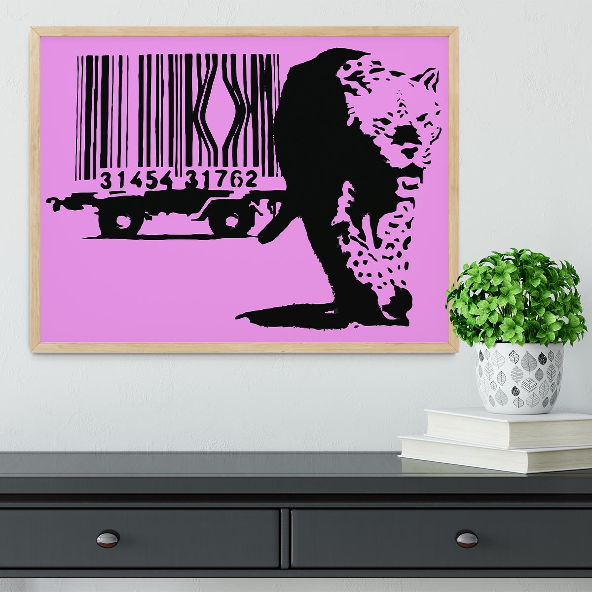 Banksy Barcode Leopard Purple Framed Print showcasing vibrant colors and unique design in a stylish frame.