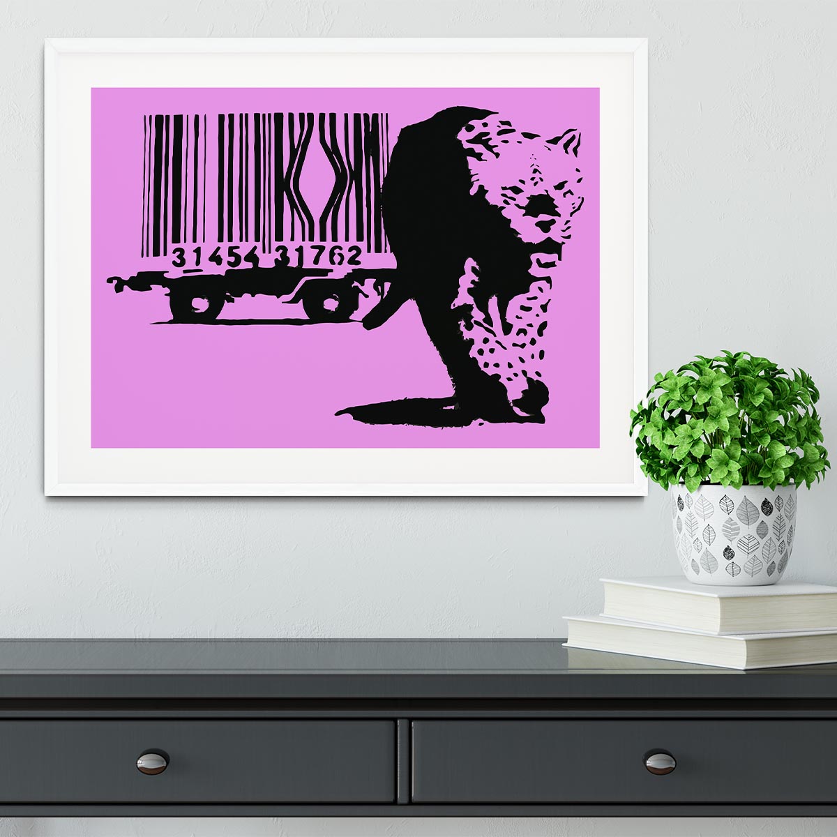 Banksy Barcode Leopard Purple Framed Print showcasing vibrant colors and unique design in a stylish frame.