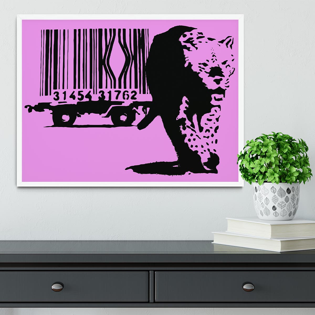 Banksy Barcode Leopard Purple Framed Print showcasing vibrant colors and unique design in a stylish frame.