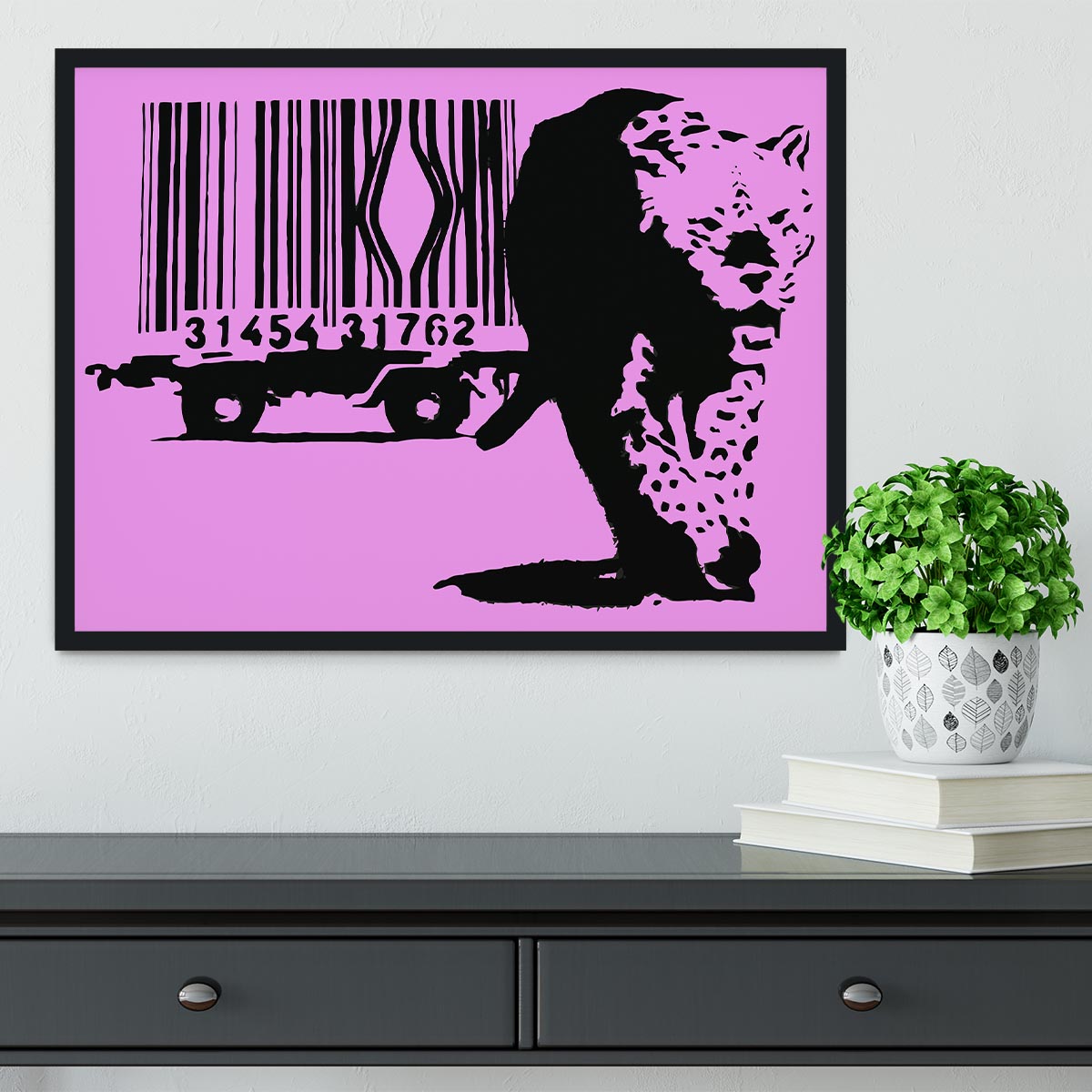 Banksy Barcode Leopard Purple Framed Print showcasing vibrant colors and unique design in a stylish frame.