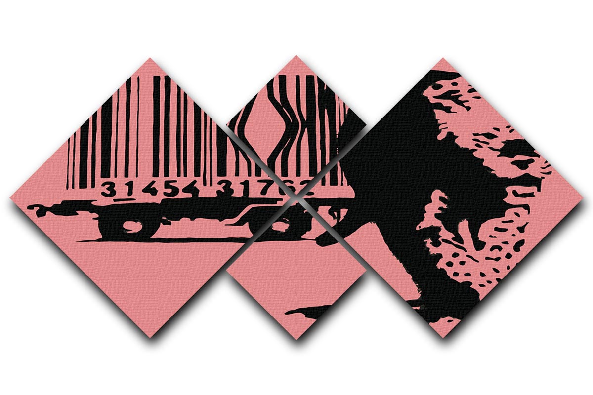 Banksy Barcode Leopard Red 4 Square Multi Panel Canvas featuring vibrant red and leopard print design, arranged in four equal panels.