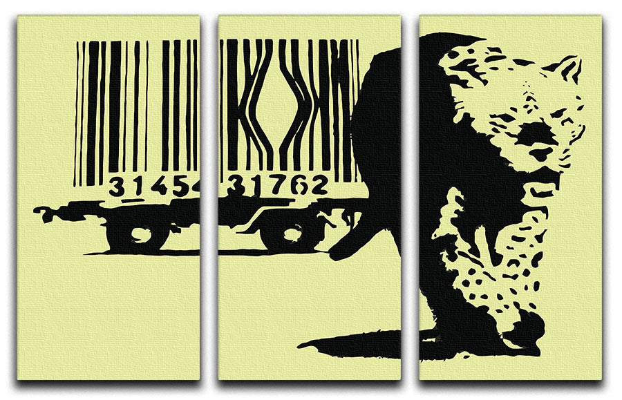 Banksy Barcode Leopard Yellow 3-panel canvas print showcasing vibrant colors and modern art design.